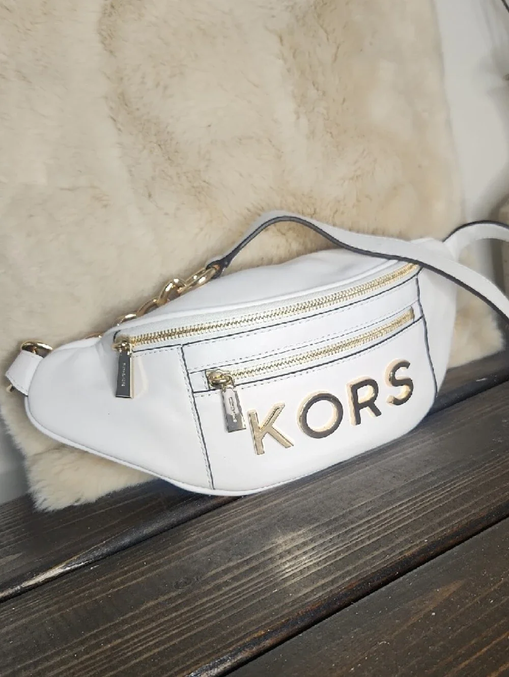 Michael Kors White Leather KORS Crossbody Belt Bag with Gold Hardware
